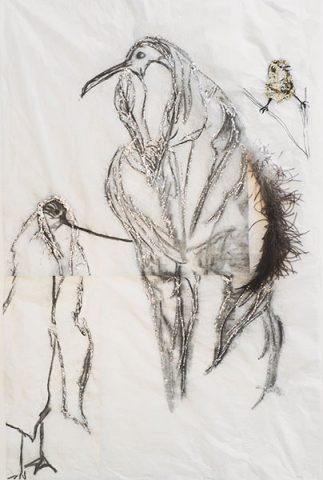 Arrangements 2 (détail). Technique mixte, papier de soie, crayon, pastel gras, paillettes, rouge à lèvres, plumes, épingles. 2018. 62X80cm